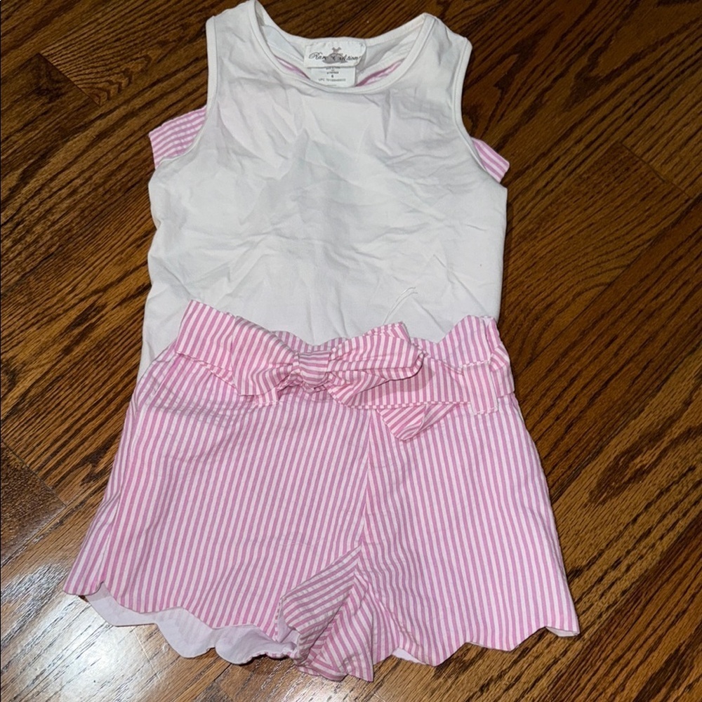Rare Editions, pink and white seersucker bow tank top & matching shorts 6 NWT